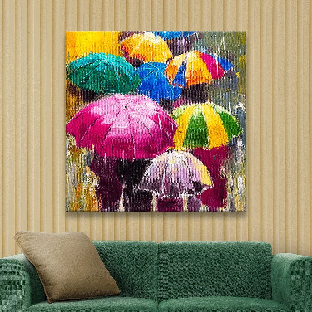 Acrylbild bunte Regenschirme in Ölfarben Quadrat