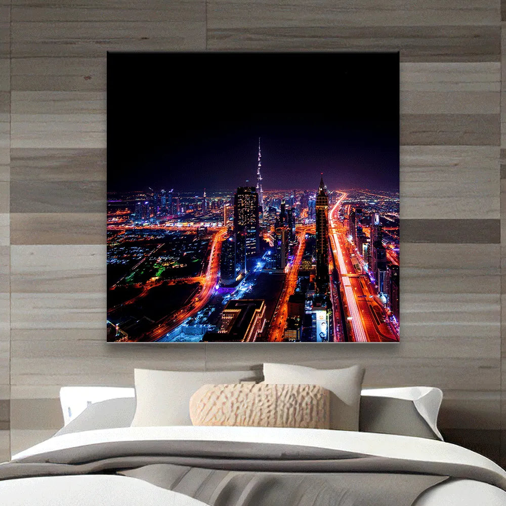 Aludibondbild Dubai bei Nacht Quadrat