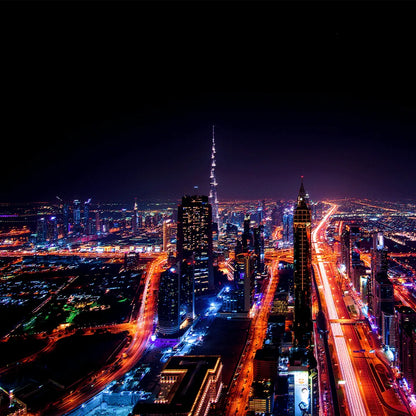 Aludibondbild Dubai bei Nacht Quadrat