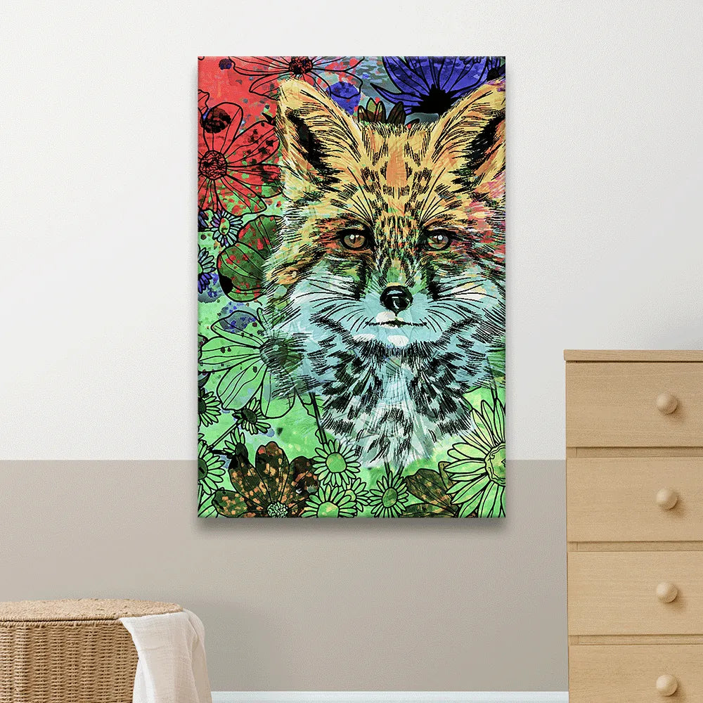 Acrylbild Fuchs in bunten Blumen Hochformat