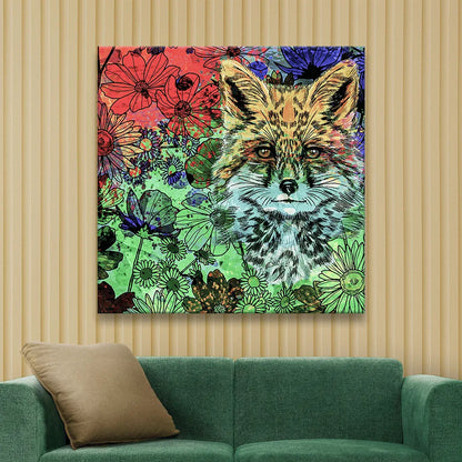 Acrylbild Fuchs in bunten Blumen Quadrat