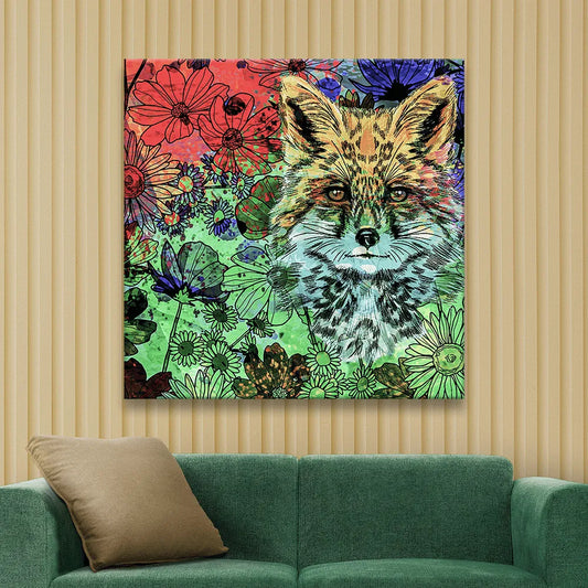 LED Bild Fuchs in bunten Blumen Quadrat