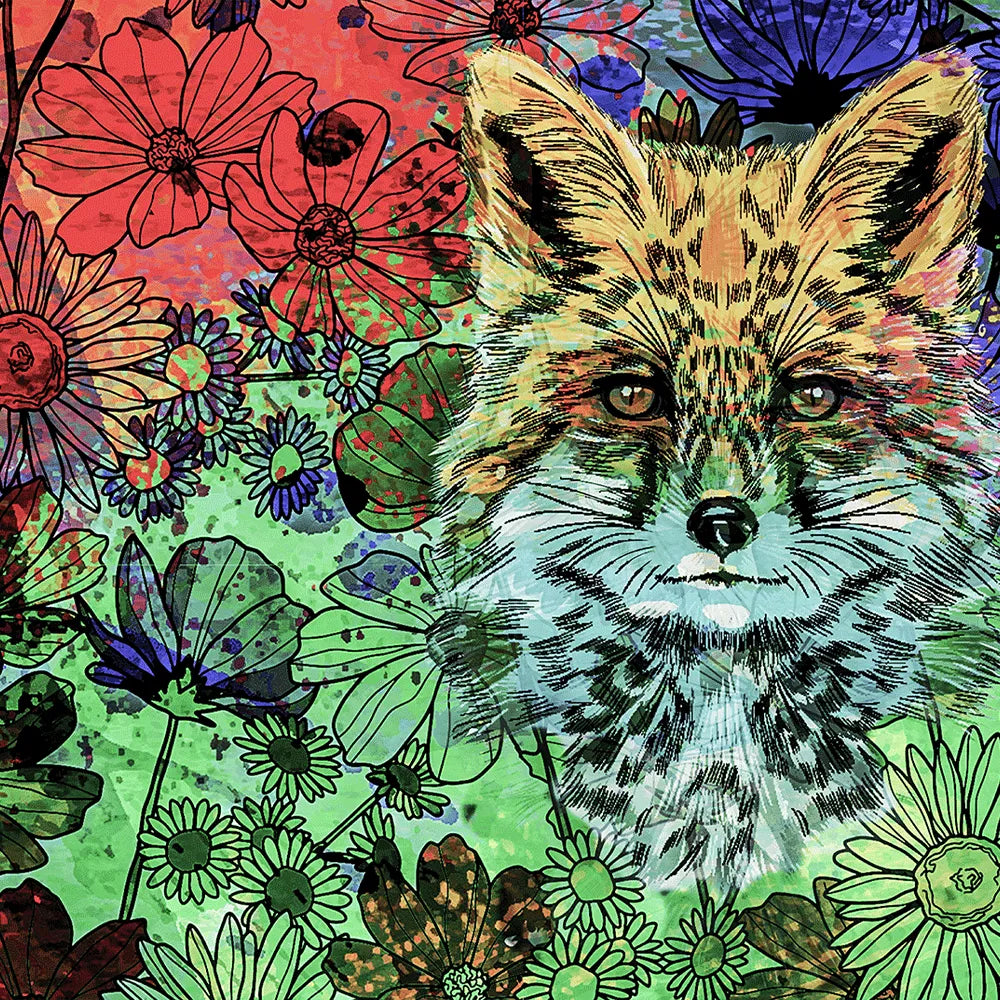 Acrylbild Fuchs in bunten Blumen Quadrat