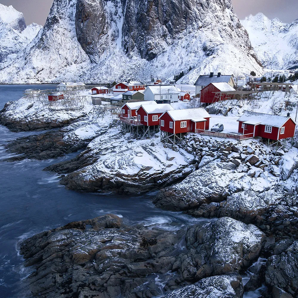 Aludibondbild Hamnoy Winter Quadrat