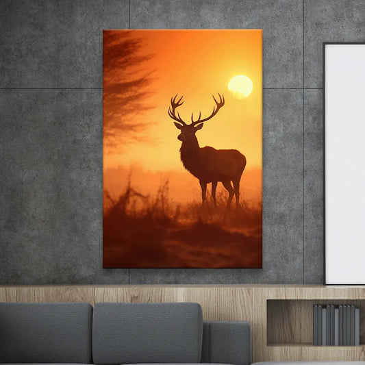 Aludibondbild Hirsch im Sonnenuntergang Hochformat