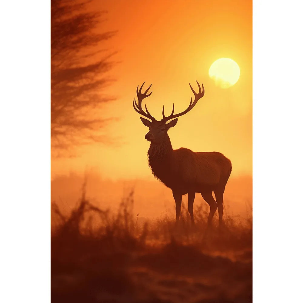 Aludibondbild Hirsch im Sonnenuntergang Hochformat