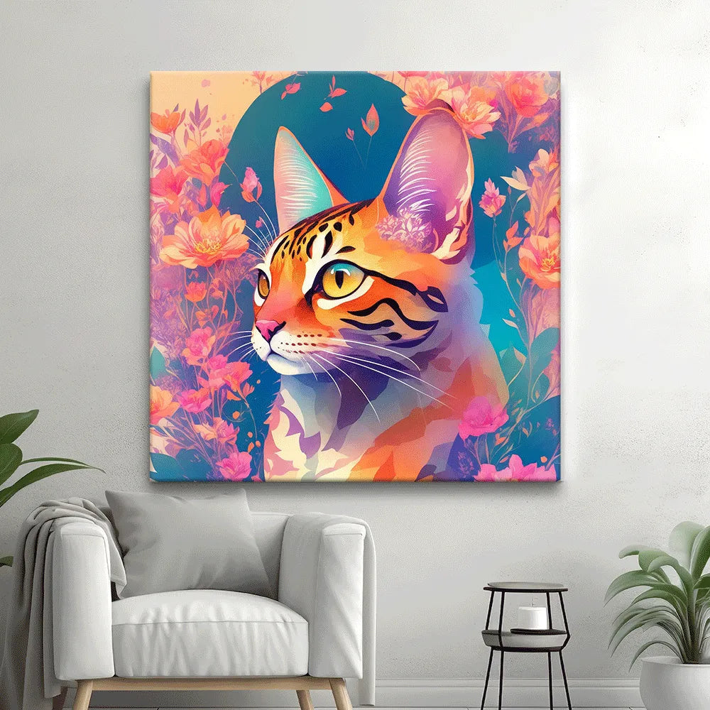 Leinwandbild Katze mit Blumen Quadrat