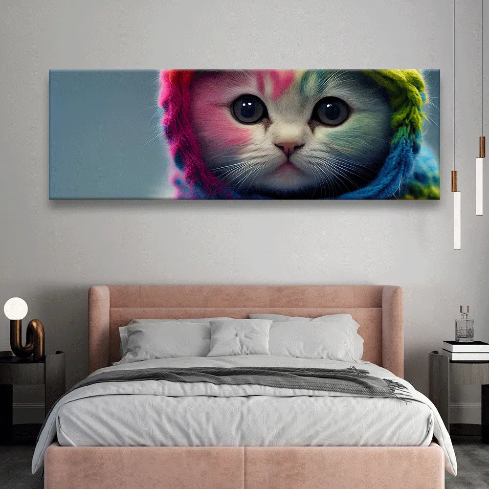 Poster Katze mit farbiger Mütze Panorama Quer