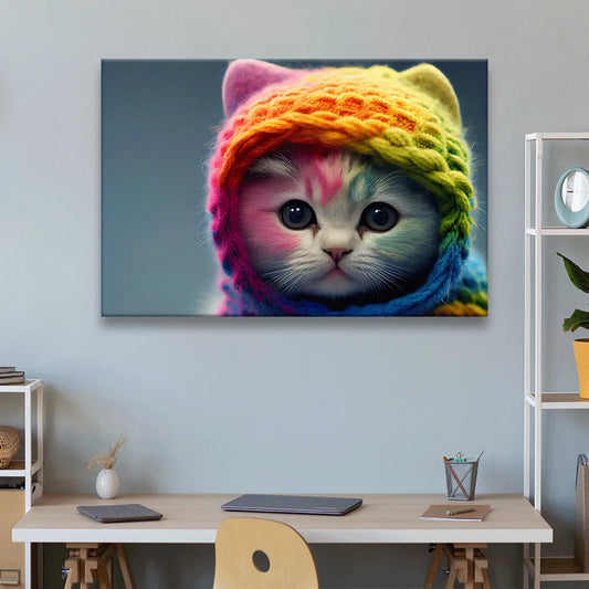 LED Bild Katze mit farbiger Mütze Querformat