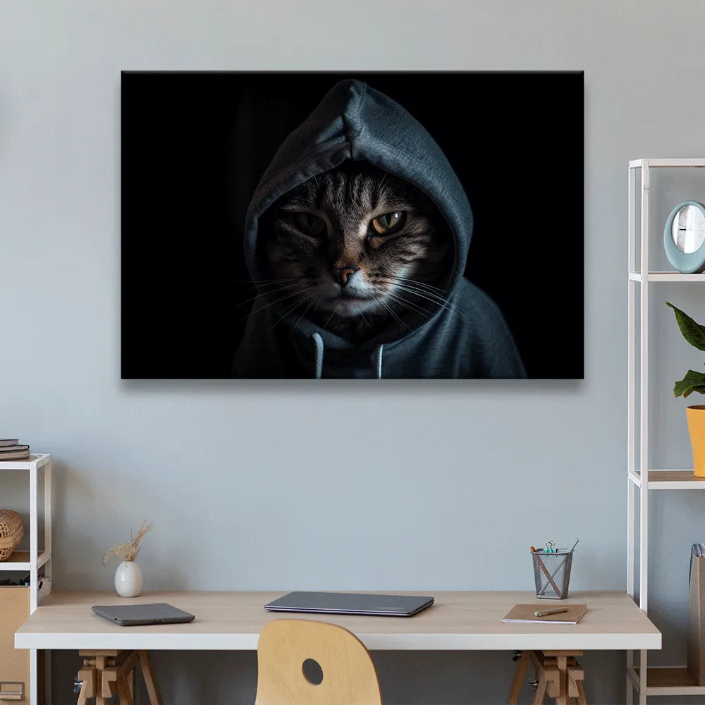 Aludibondbild Katze mit Kaputze Querformat