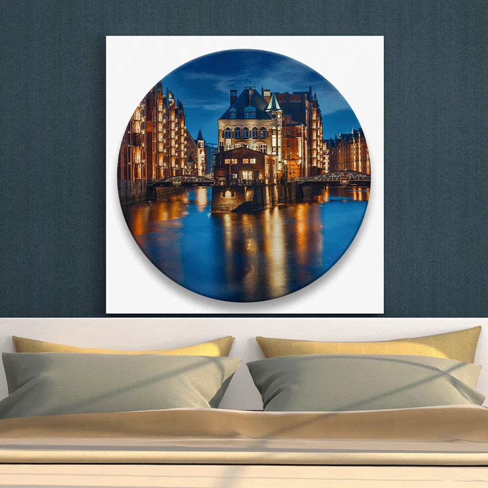 Aludibondbild leuchtende Speicherstadt Hamburg Kreis