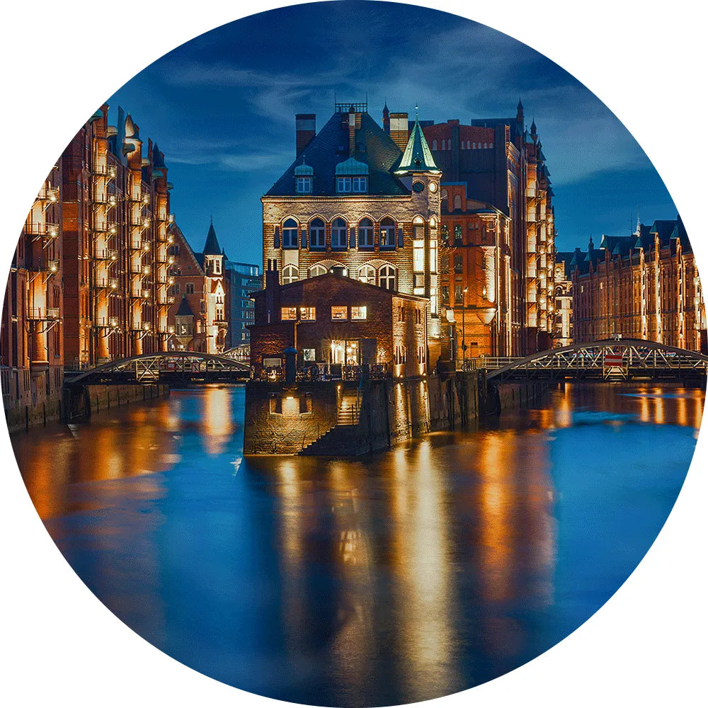 Aludibondbild leuchtende Speicherstadt Hamburg Kreis