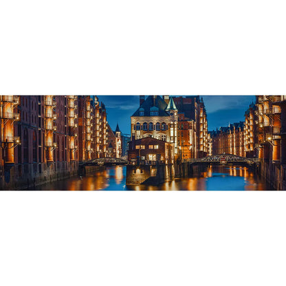 Aludibondbild leuchtende Speicherstadt Hamburg Panorama Quer