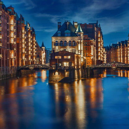 Acrylbild leuchtende Speicherstadt Hamburg Quadrat