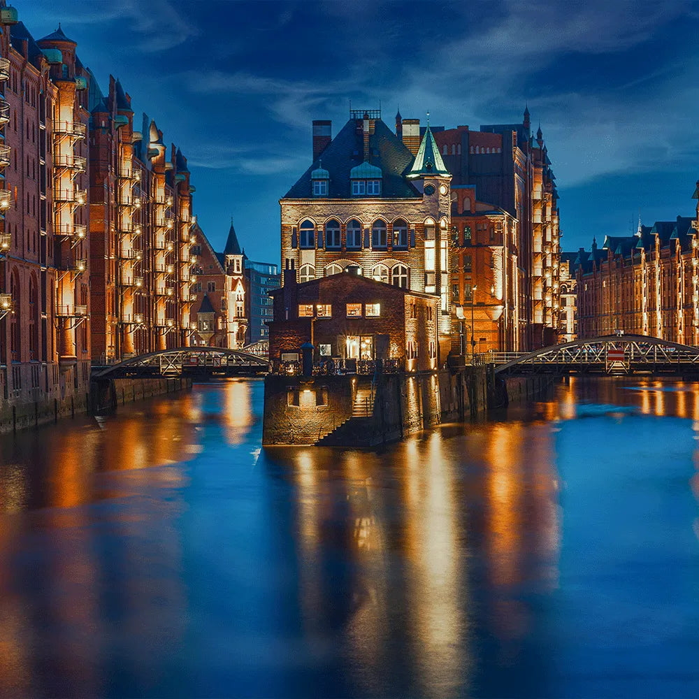 Spannrahmen leuchtende Speicherstadt Hamburg Quadrat