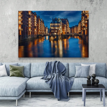 Acrylbild leuchtende Speicherstadt Hamburg Querformat