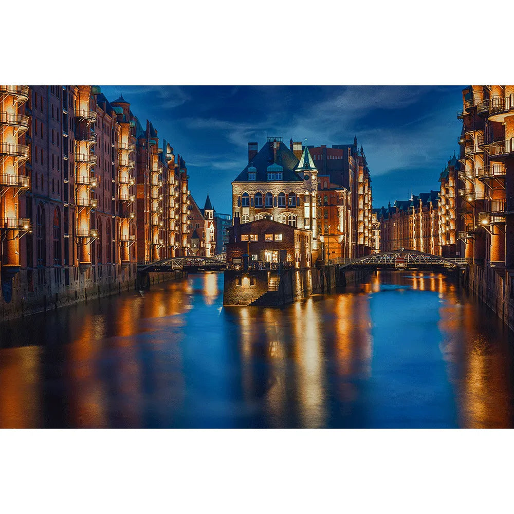 Spannrahmen leuchtende Speicherstadt Hamburg Querformat