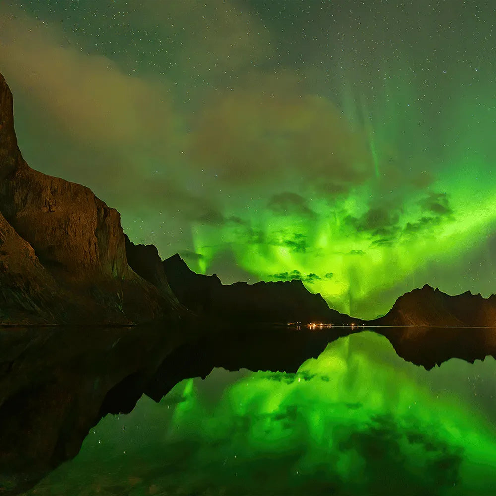 Aludibondbild Lofoten Nordlichter Quadrat