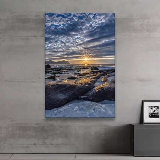 Poster Lofoten Sonnenuntergang Vikten Strand Hochformat