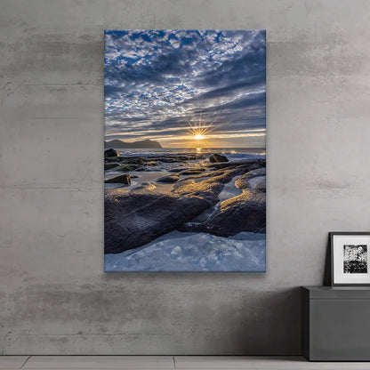 LED Bild Lofoten Sonnenuntergang Vikten Strand Hochformat