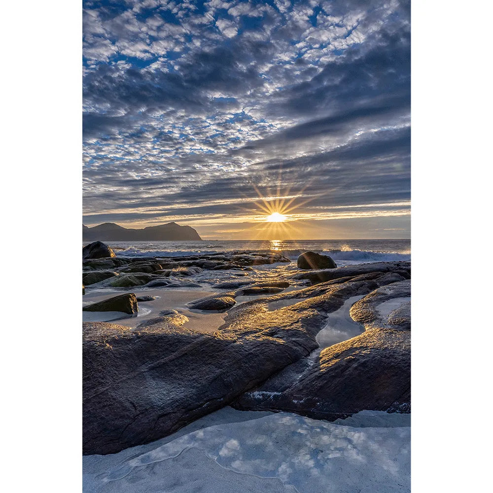 Acrylbild Lofoten Sonnenuntergang Vikten Strand Hochformat