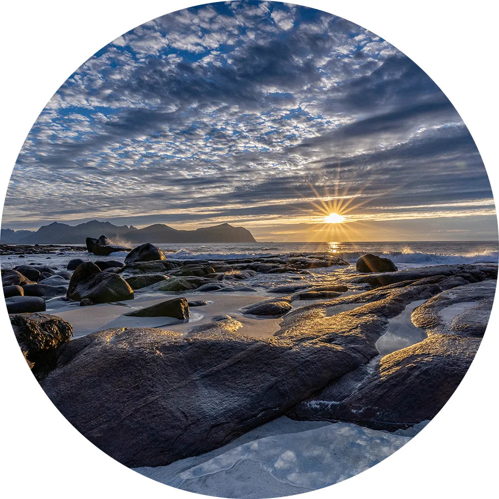 Aludibondbild Lofoten Sonnenuntergang Vikten Strand Kreis