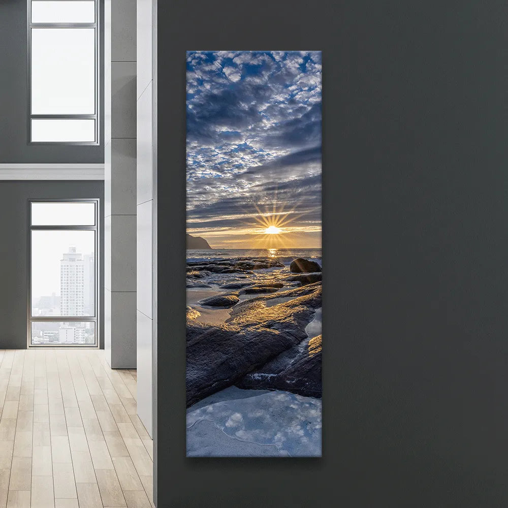 Poster Lofoten Sonnenuntergang Vikten Strand Panorama Hoch