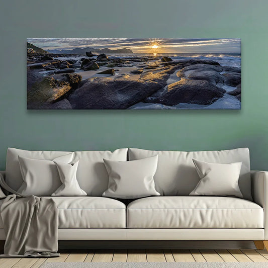 Acrylbild Lofoten Sonnenuntergang Vikten Strand Panorama Quer