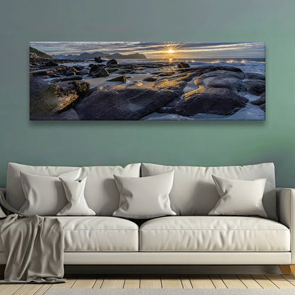 Aludibondbild Lofoten Sonnenuntergang Vikten Strand Panorama Quer