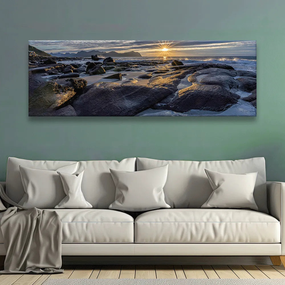 LED Bild Lofoten Sonnenuntergang Vikten Strand Panorama Quer