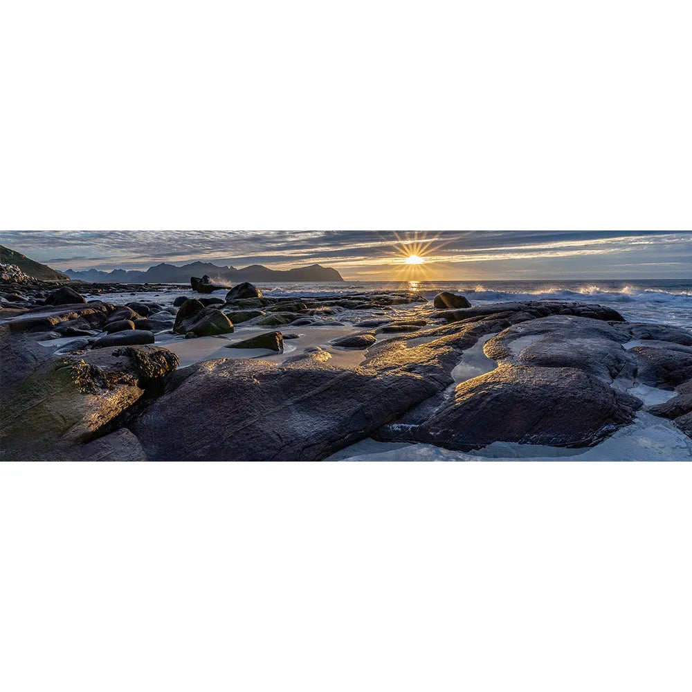 LED Bild Lofoten Sonnenuntergang Vikten Strand Panorama Quer