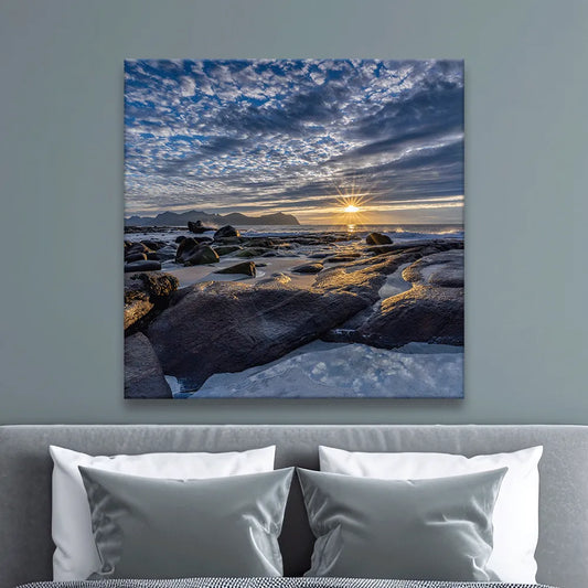 Poster Lofoten Sonnenuntergang Vikten Strand Quadrat