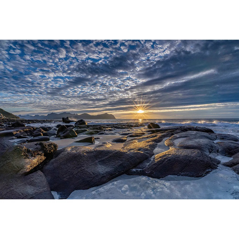 Aludibondbild Lofoten Sonnenuntergang Vikten Strand Querformat