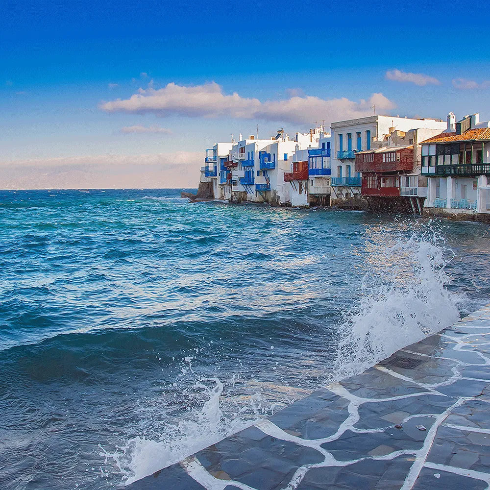 Aludibondbild Mykonos Strand Quadrat