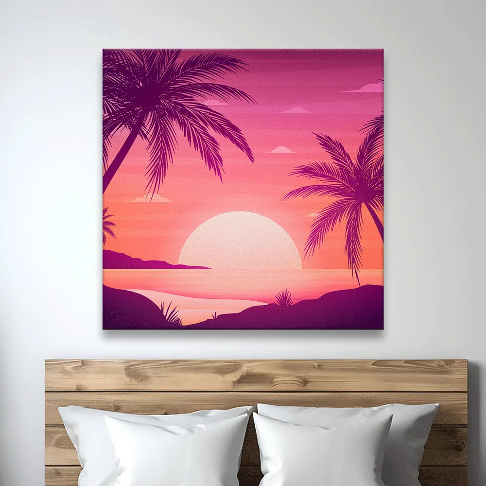 Aludibondbild Palmbäume im Sonnenuntergang Quadrat