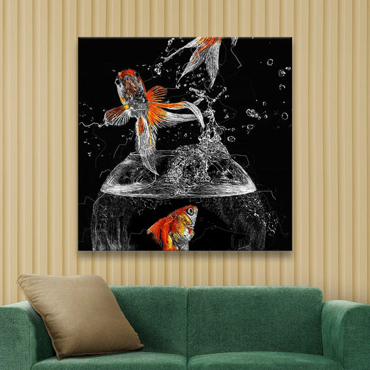 Leinwandbild springende Goldfische Quadrat