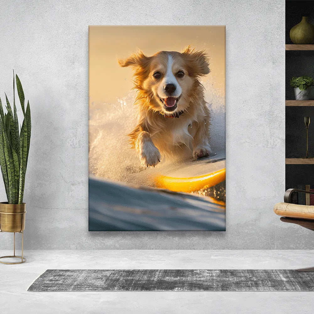 LED Bild surfender Hund Hochformat