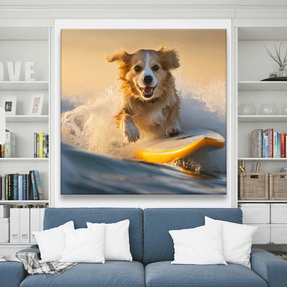 Aludibondbild surfender Hund Quadrat